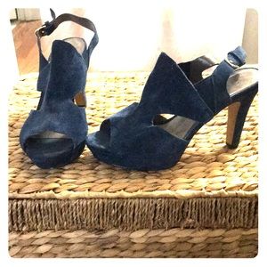 MRKT Blue suede open-toed platform heels